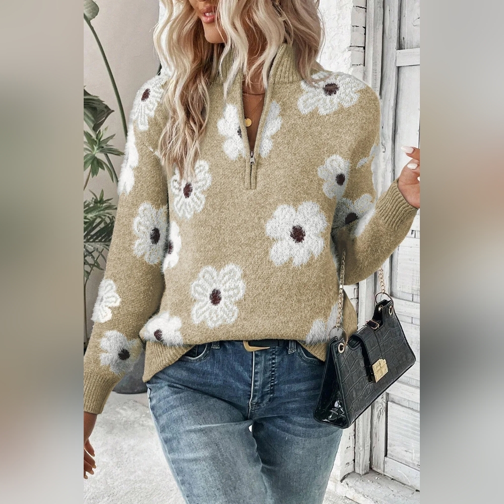 Fuzzy Half-Zip Daisy Retro Flower Top Plush Eyelash Knit Henley Pullover Sweater